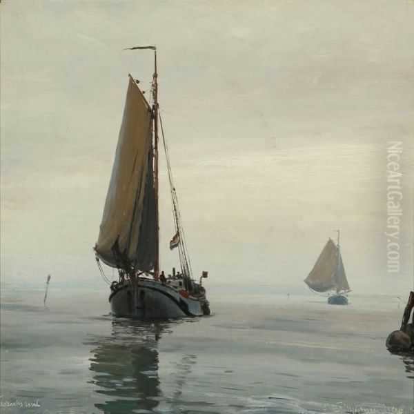 Seascape From Frederikssund, Denmark Oil Painting by Christian Benjamin Olsen