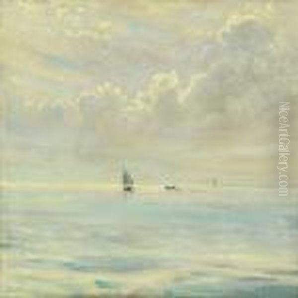 Summer Evening With Boats At Sea Oil Painting by Christian Benjamin Olsen