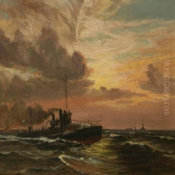 Danish Motortorpedo Boat At Open Sea Oil Painting by Christian Benjamin Olsen