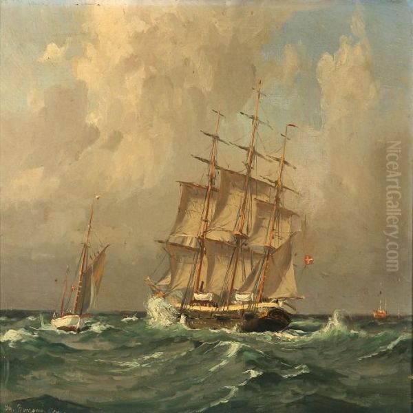 Marine With A Danish Barque And Others Sailing Ships On Open Sea Oil Painting by Christian Benjamin Olsen