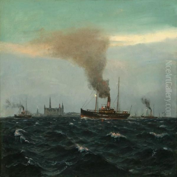 Marine Withships Near Elsinore Oil Painting by Christian Benjamin Olsen