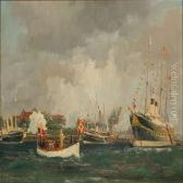 Scene Fromcopenhagen Harbour Oil Painting by Christian Benjamin Olsen