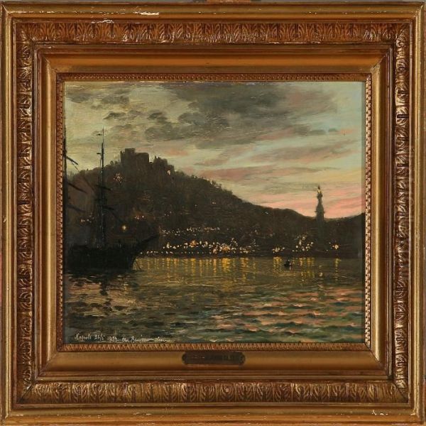 Harbor Scenefrom Naples With Castel San Elma Oil Painting by Christian Benjamin Olsen