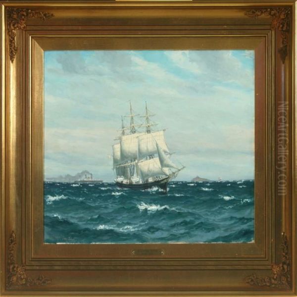 Seascapewith Sailing Ships And Ferry Off Sprogo Oil Painting by Christian Benjamin Olsen