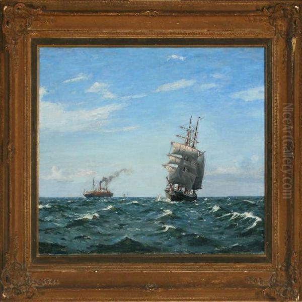 Brig And Ferry At Open Sea Oil Painting by Christian Benjamin Olsen