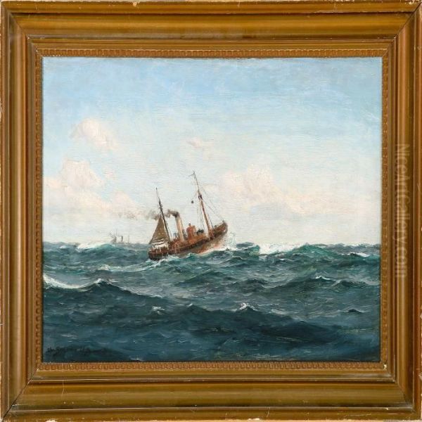 Marine With Boats On Open Sea Oil Painting by Christian Benjamin Olsen