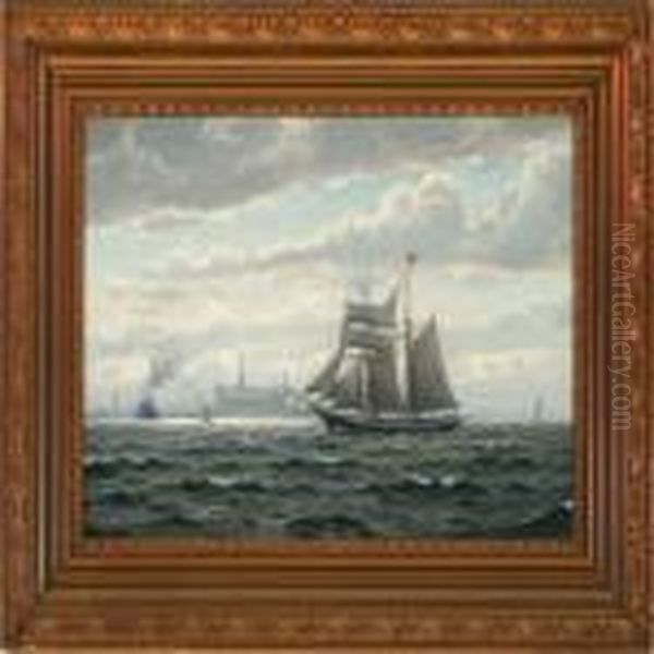 Marine With Ships Off The Coast Of Elsinore Castle Oil Painting by Christian Benjamin Olsen