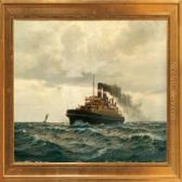 Marine With A Danish Ferry On Open Sea Oil Painting by Christian Benjamin Olsen