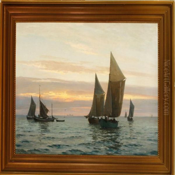 A Marine With Sailing Ships In The Evening Sun Oil Painting by Christian Benjamin Olsen