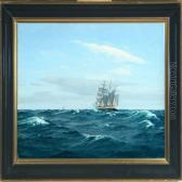 A Three Mastet Scooner At Sea Oil Painting by Christian Benjamin Olsen