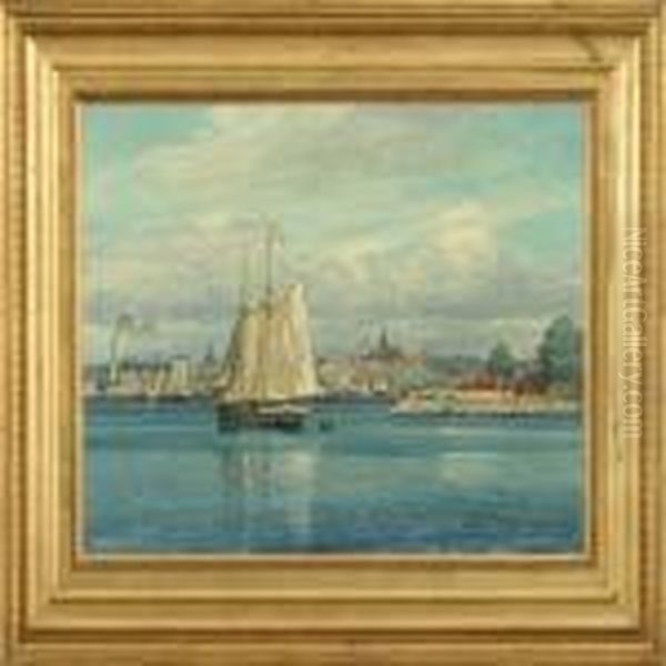 A Two-mastedschooner In Svendborgsund Oil Painting by Christian Benjamin Olsen