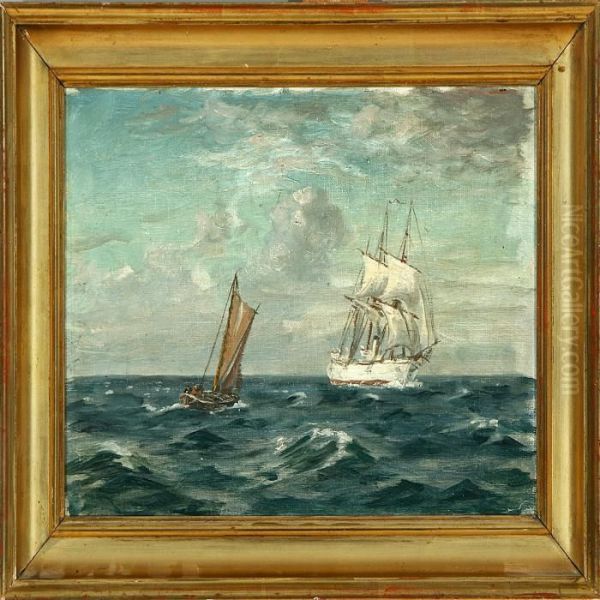 Marine With Ships On Open Sea Oil Painting by Christian Benjamin Olsen