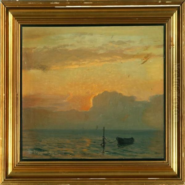 A Danish Marine With A Rowing Boat In The Sunset Oil Painting by Christian Benjamin Olsen