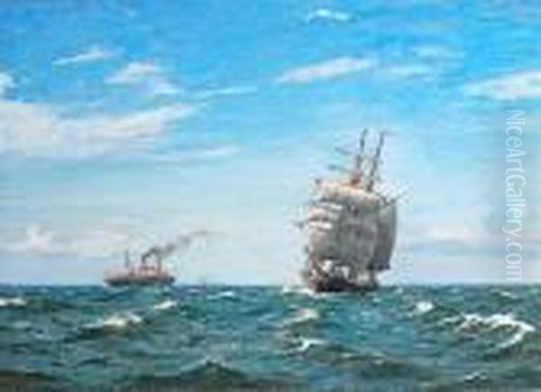 Ships In Open Sea. Signed Chr. Benjamin Olsen Oil Painting by Christian Benjamin Olsen