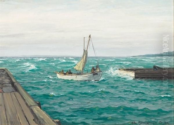 A Fishing Boat Going To Port Oil Painting by Christian Benjamin Olsen