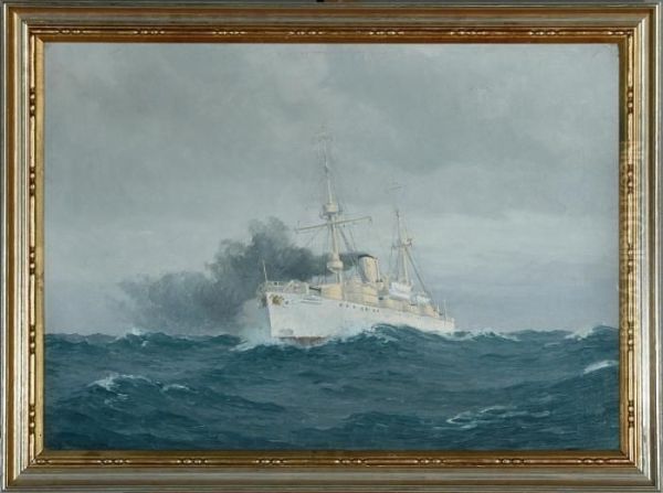 A Marine With A Warship Oil Painting by Christian Benjamin Olsen