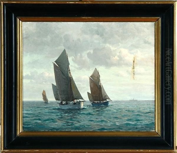 A Marine With Fishing Boats On Open Sea Oil Painting by Christian Benjamin Olsen