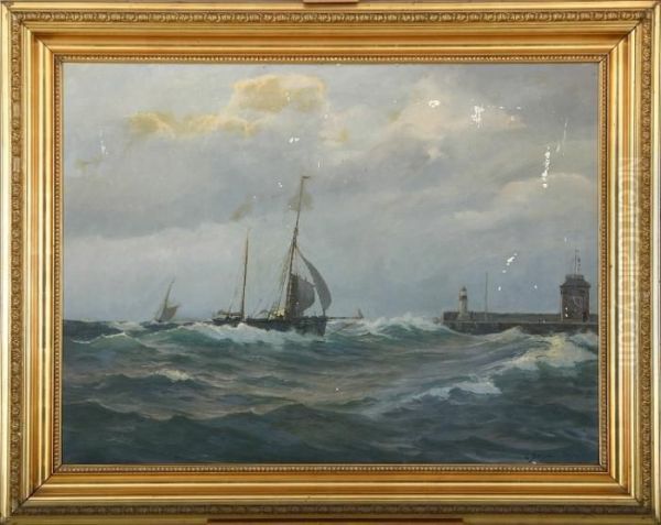 Seascape With Sailships Outside A Mole Oil Painting by Christian Benjamin Olsen