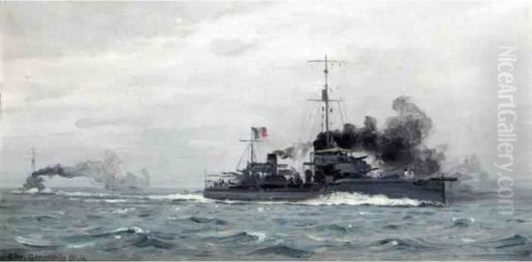 French Battleship With Another In The Distance Oil Painting by Christian Benjamin Olsen