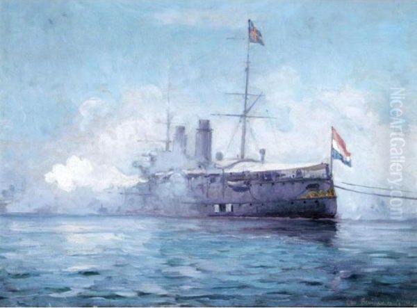 Dutch Cruiser 'zeeland' Gun-saluting Oil Painting by Christian Benjamin Olsen