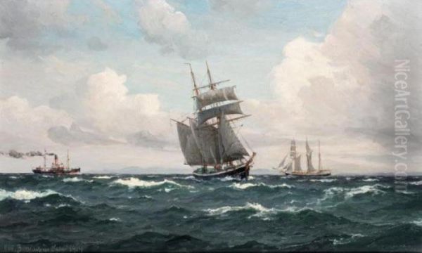 Steam Boat And Other Sailing Boats In A Stiff Breeze Oil Painting by Christian Benjamin Olsen