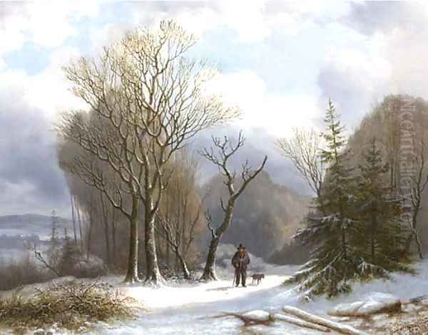 Taking the dog for a walk on a winter's day Oil Painting by Hermanus Everhardus Rademaker