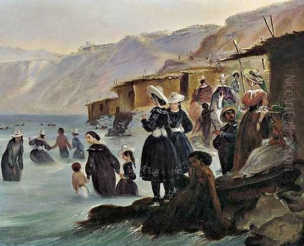 Los baños de Miraflores - Bañistas y cabañas en la playa de Chorillos, Lima Oil Painting by Johann Moritz Rugendas