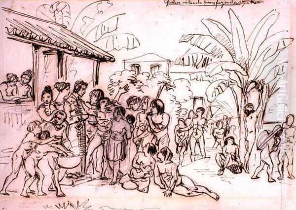 Indians visiting an estate, Brazil, c.1825 Oil Painting by Johann Moritz Rugendas