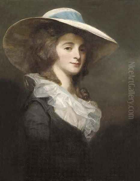 Portrait of Lady Herries, half-length, in a grey dress and white collar, with a wide-brimmed white hat with a blue ribbon Oil Painting by George Romney