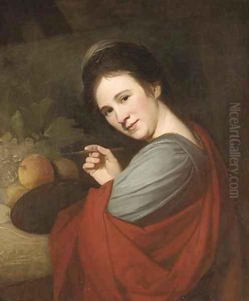 Portrait of Mary Moser, R.A. (1744-1819), half-length, holding a palette and brush, before fruit on a ledge Oil Painting by George Romney