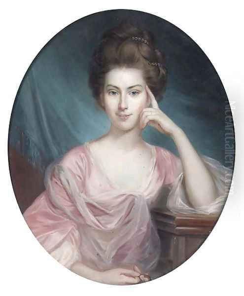 Portrait of a lady, half-length, in a pink dress, holding a miniature Oil Painting by George Romney