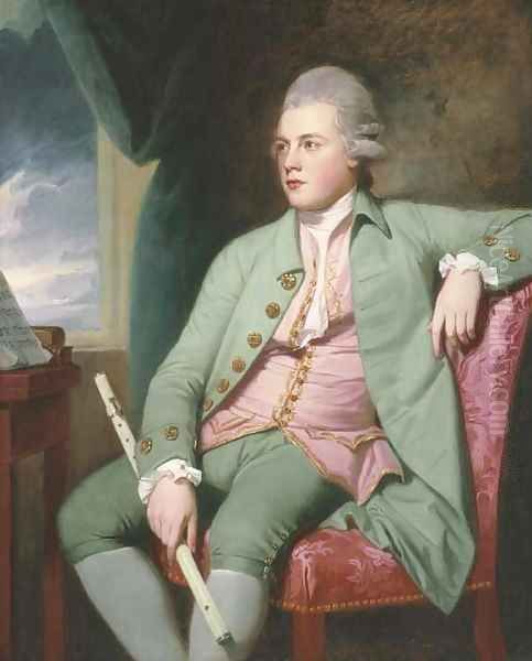 Portrait of Francis Lind, three-quarter-length, seated before a music stand on a pink chair, in a powdered wig, a green coat Oil Painting by George Romney