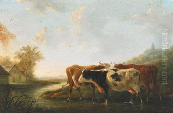 Cows At A River Oil Painting by Balthasar Paul Ommeganck