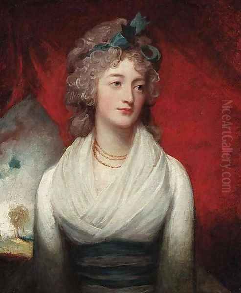 Portrait of Miss Jean Drummond, half-length, in a white dress and with a blue ribbon in her hair, before a red curtain, a landscape beyond Oil Painting by George Romney