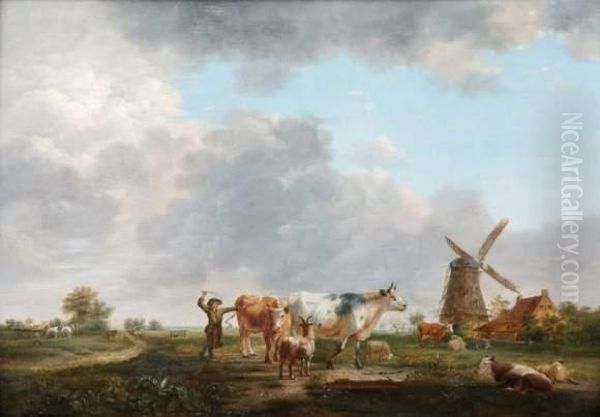 Paysan Et Troupeau Aux Abords D'un Moulin Oil Painting by Balthasar Paul Ommeganck