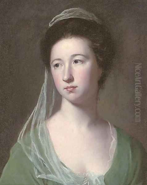 Portrait of a lady traditionally identified as Lady Cicilia Halliwell, bust-length, in a green dress and pale green veil Oil Painting by George Romney