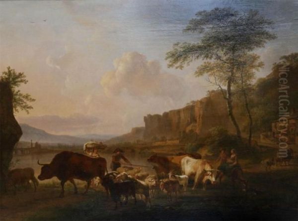 Mediterranean Landscape With Cattleherds Oil Painting by Balthasar Paul Ommeganck