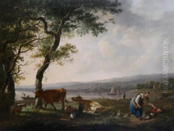 River Landscape With Shepherdess And Sleaping Child Oil Painting by Balthasar Paul Ommeganck