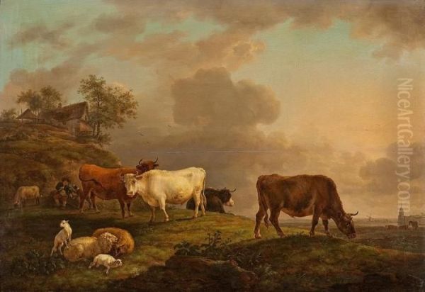 Niederlandische Landschaft Mit Kuhen Und Hirte by Balthasar Paul Ommeganck