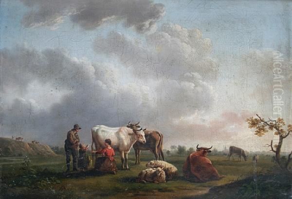 Cattle And Sheep In A Meadow, With Milkmaid, Farmer And Young Girl Before Oil Painting by Balthasar Paul Ommeganck