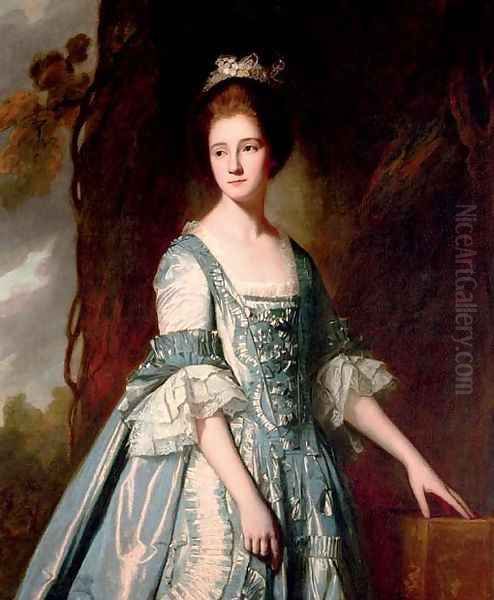 Portrait of a lady, half-length, in a blue and pink dress, in a landscape Oil Painting by George Romney