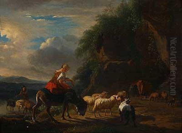 Abendstimmung Uber Einer Furt Mit Hirten Und Herde Oil Painting by Balthasar Paul Ommeganck