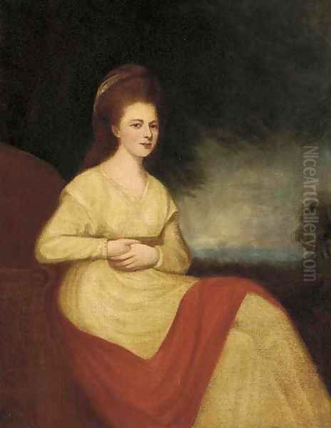 Portrait of a lady, seated three-quarter-length, in a cream dress and red wrap Oil Painting by George Romney