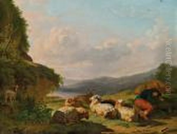 Landschaft Mit Hirte, Kuh, Schafe Und Ziegen Oil Painting by Balthasar Paul Ommeganck