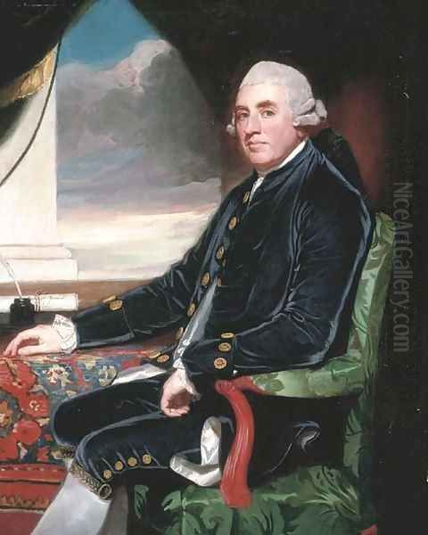 Portrait of Barry Maxwell, 1st Earl Farnham, seated three-quarter- length, wearing a blue velvet suit with gold buttons and white lace cuffs Oil Painting by George Romney