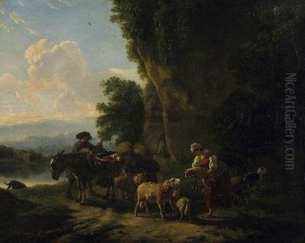 Evening Mood In Front Of The 
Cliffs By The Riverbank. Farmers With Their Stock On The Way. Signed 
Lower Left: B. Ommeganck Oil Painting by Balthasar Paul Ommeganck