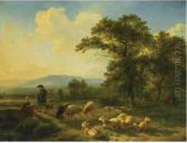 Shepherds With Their Herd In A Forest Landscape Oil Painting by Balthasar Paul Ommeganck