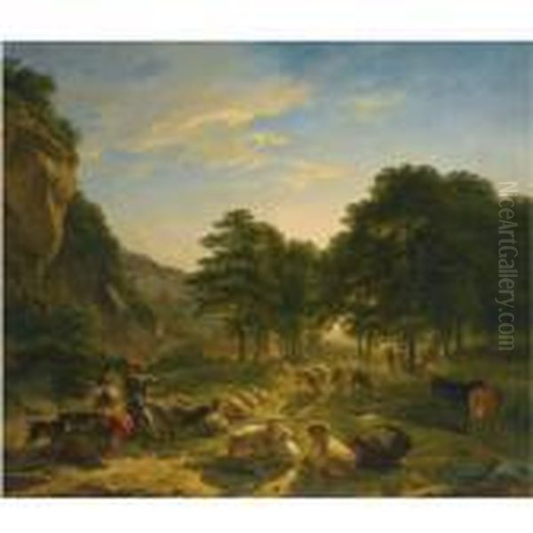 Shepherds And Their Flock Resting In A Landscape Oil Painting by Balthasar Paul Ommeganck