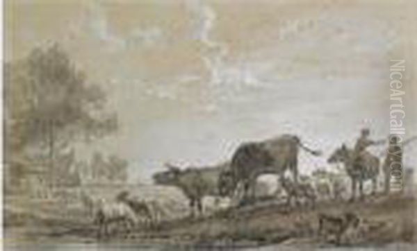 A River Landscape With A Peasant
 And Maid Together With Cows, Goats And Sheep, Two Figures In The 
Background Leading The Cattle Into The Barn Oil Painting by Balthasar Paul Ommeganck