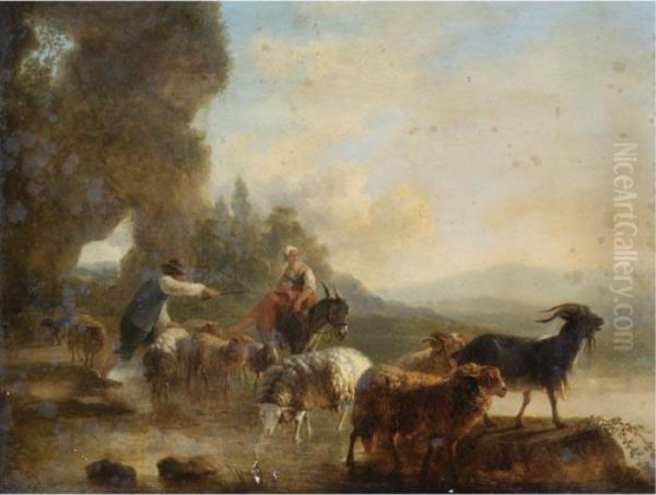 An Italianate Landscape With A Drover With Sheep And Goats Oil Painting by Balthasar Paul Ommeganck